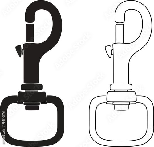 Set of two climbing carabiner illustrations in different artistic styles, including simple outline, detailed sketch, and a full color version for safety equipment .
