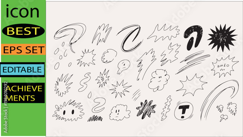Collection of sketchy comic speech bubbles and abstract elements on light background.