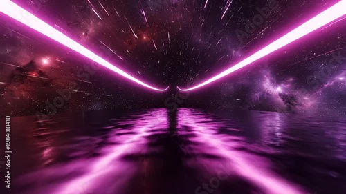 Pink neon light beams reflected on water in cosmic space