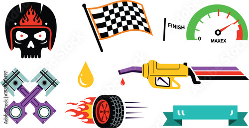 Motorsport and Racing Icon Set Featuring Biker Skull Helmet, Checkered Flag, Speedometer, Fuel Pump, Piston Cross, and Flaming Tire for Automotive Sports Designs
