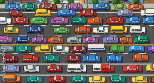 Busy traffic jam with many colorful cars on the road.