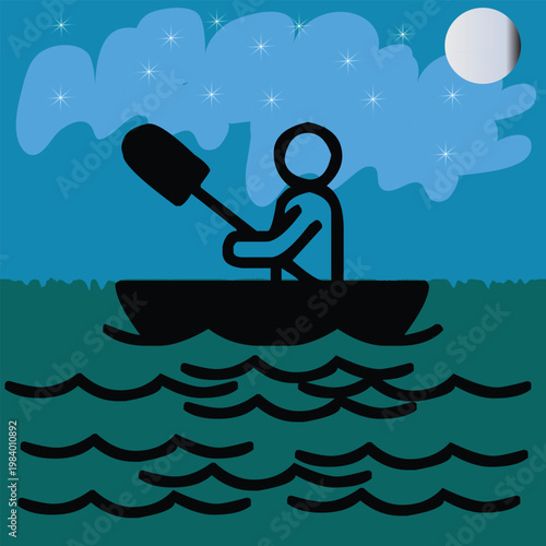 A lone stick figure fishing under a bright moonlit sky with gentle waves below.