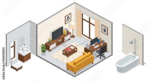Isometric view of a modern apartment interior design with living room office and bathroom.
