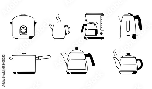 Boiling water cookware icon set kettle rice cooker vector