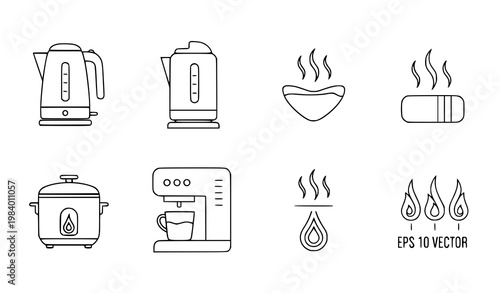 Hot water appliances outline icon set kitchen vector