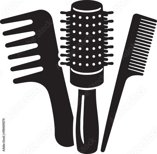 Black silhouette of hairbrushes and combs