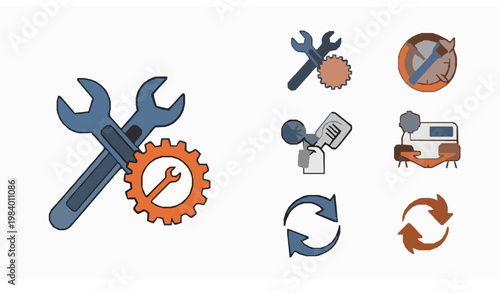Bicycle service distribution icon set repair shop vector