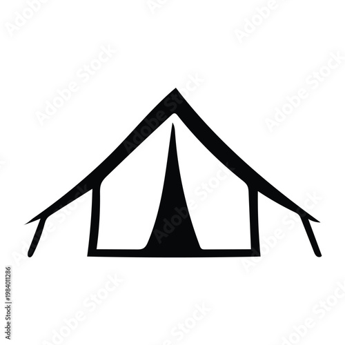 Simple black and white illustration of a triangular tent pitched outdoors.