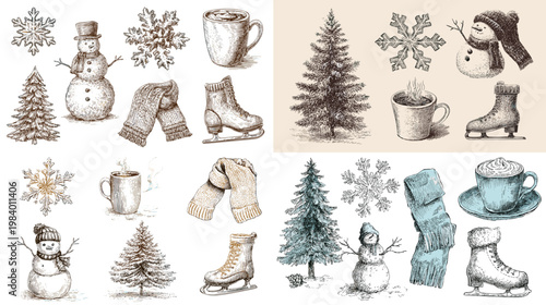 Watercolor winter collection with snowmen, skates, mugs, mittens and snowy trees, perfect for christmas cards, holiday decor, planners and seasonal illustrations.