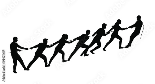 Silhouettes of a diverse team pulling together in a tug-of-war, symbolizing unity and strength