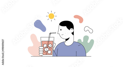 Vector illustration of man drinking cold beverage, refreshing summer concept, colorful abstract shapes, relaxation scene, casual lifestyle