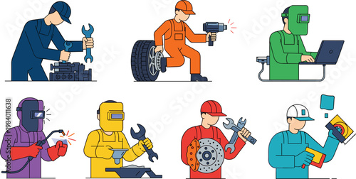 Professional Mechanic and Industrial Worker Icon Set Featuring Auto Repair, Welding, Tire Changing, Engine Maintenance, and Brake Service for Workshop and Engineering Designs