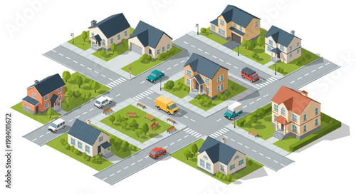 Isometric suburban neighborhood with houses and streets.