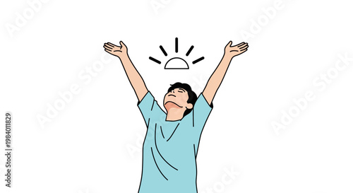 Happy man celebrating, joyful person with arms up, excited guy with lightbulb idea, inspiration and success concept