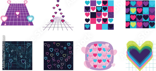 Retro 80s 90s Heart Pattern Set with Synthwave Grids, Pixel Art, Neon Checkers, and Vaporwave Aesthetics for Gaming, Nostalgia, and Y2K Design Projects
