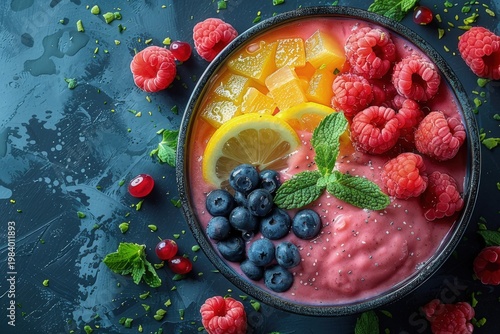 A vibrant smoothie bowl, viewed from above, features raspberries, blueberries, lemon, and mango.