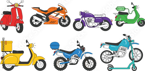 Title: Motorcycle and Scooter Icon Set Featuring Sports Bikes, Classic Mopeds, Electric Scooters, Delivery Bikes, and Off-Road Dirt Bikes for Urban Transportation and Delivery