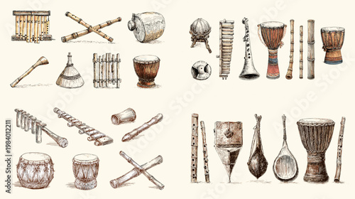 Hand drawn ethnic music instrument collection with drums, flutes, rattles and percussion tools, ideal for cultural posters, festival branding, folk art and education projects.