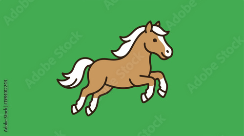 A charming cartoon horse leaping across a vibrant green background.