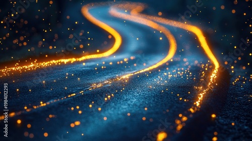 dreamlike wet winding road at night with glowing golden light trails and scattered luminous particles on textured asphalt, mysterious and futuristic atmosphere