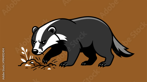 Badger illustration on brown background, wildlife animal concept art.