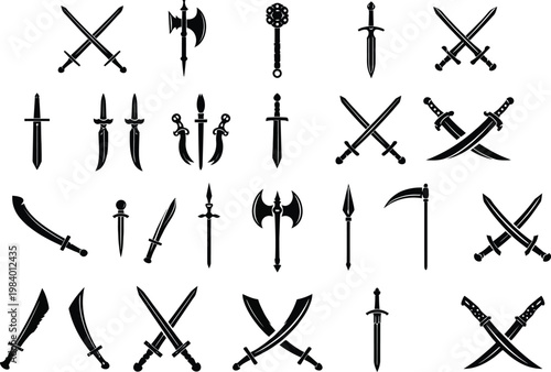 Collection of hand-drawn medieval weapons including swords, daggers, and axes in a vintage black and white engraving style, representing fantasy or historical themes 
