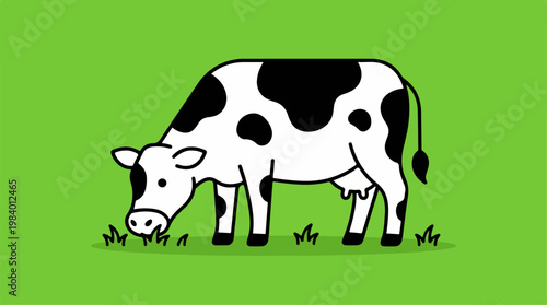 Cartoon cow grazing on green grass, simple illustration, flat design.