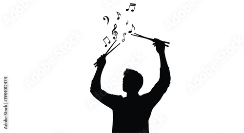 Silhouette of a conductor passionately leading an orchestra with musical notes floating above