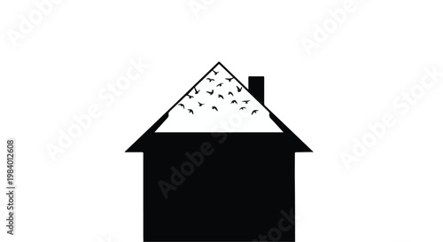 Minimalist silhouette of a house with a swarm of birds flying from the roof.