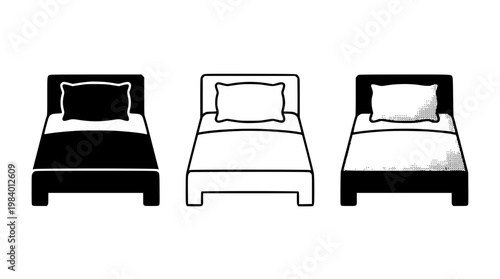 Three different styles of beds with pillows and mattresses