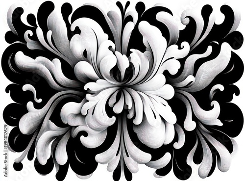 Monochrome swirling organic floral explosion of layered flowing petals and intricate contour lines conveying elegant dynamic movement and dramatic contrast