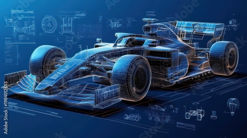 detailed wireframe blueprint of an open-wheel racing car with schematics and glowing technical annotations conveying precision and futuristic engineering excitement
