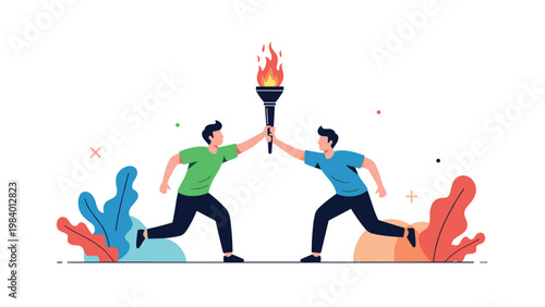 Two athletes or business partners passing a flaming torch while running, representing teamwork, relay race, and successful leadership transition.
