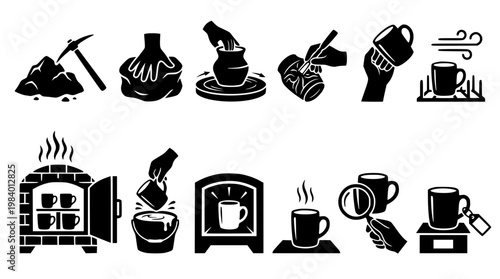 Vector graphic illustrations of coffee cup production process steps