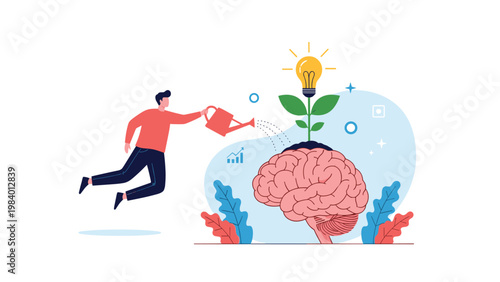 Creative man watering a plant growing out of a brain which blooms into a lightbulb, symbolizing the cultivation of ideas and intellectual growth.