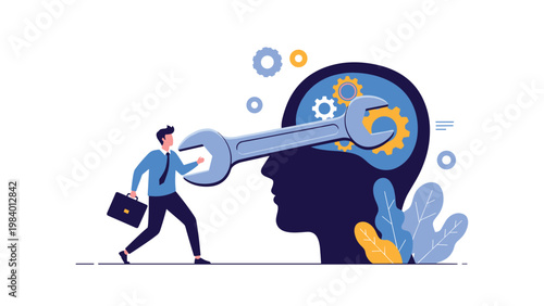Professional man fixing a giant brain silhouette with a wrench, representing mental health improvement, psychological repair, and brain health.