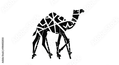 Stylized black and white illustration of a camel with geometric patterns