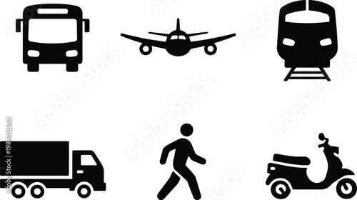 Vehicle, Air, Railway, Bike, Motorcycle Transport Silhouette Icon Set. Car, Bus, Tram, Train, Metro, Plane and Ship Glyph Symbol. Public Transport Stop Station Sign. Isolated Vector .
