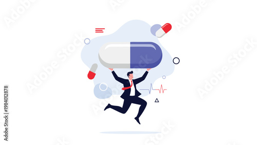 Healthy businessman jumping with joy while lifting a giant medicine capsule, representing vitality, wellness, and pharmaceutical industry success.