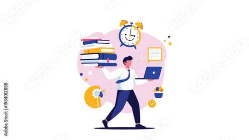 Busy office worker juggling a laptop and a stack of books while walking under a giant alarm clock, illustrating multi-tasking and time management.