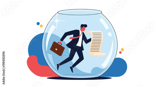 Businessman trapped inside a giant glass bowl holding a long document or scroll, symbolizing being stuck in a restrictive bureaucratic system.
