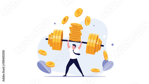 Strong businessman lifting a heavy barbell made of gold coins, symbolizing financial strength, economic power, and the weight of wealth management.