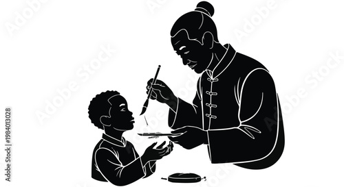 Wise elder shares calligraphy art with attentive young student in traditional attire