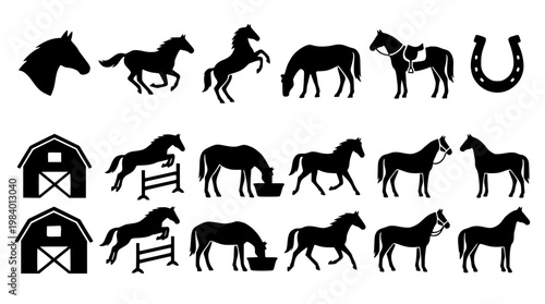Black silhouettes of horses and horse barns in various poses