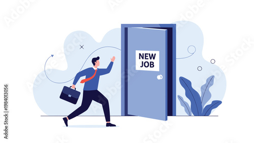Enthusiastic businessman running toward an open blue door labeled New Job, symbolizing career transition, employment opportunities, and a fresh start.
