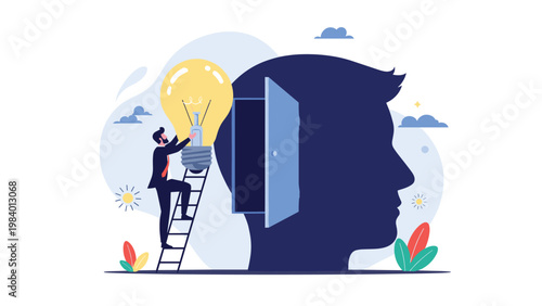 Small person on a ladder placing a giant lightbulb into the open door of a human head silhouette, representing inspiration and intellectual input.