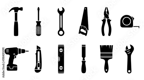 Black and white vector illustration of various hand tools