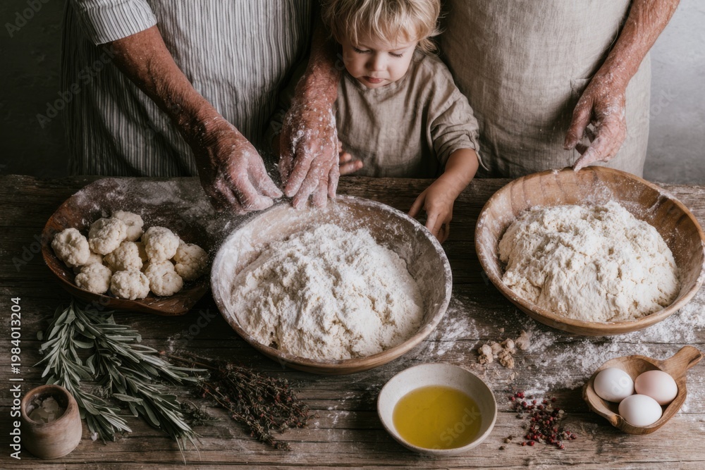 Fototapeta premium Family members are busy in a kitchen. They are kneading dough and preparing ingredients like flour, eggs, and herbs. A child watches and learns from adults at work