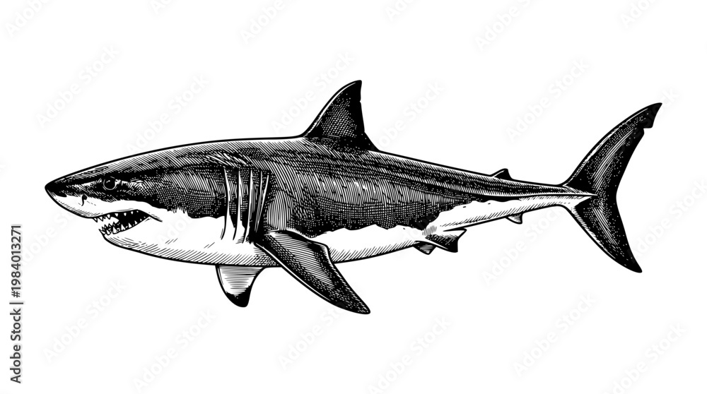 Fototapeta premium Detailed vector illustration of a great white shark swimming