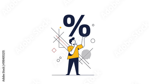 Person standing and holding up a giant percentage sign, representing statistics, interest rates, discounts, or financial data analysis in business.